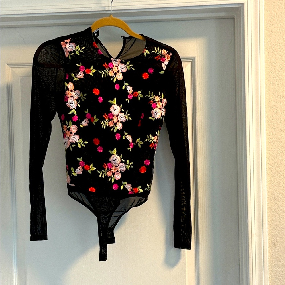 Floral Black Long Sleeve Shear Bodysuit